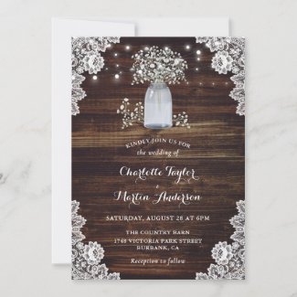 Custom Rustic Wood Mason Jar Baby's Breath Wedding Invitation