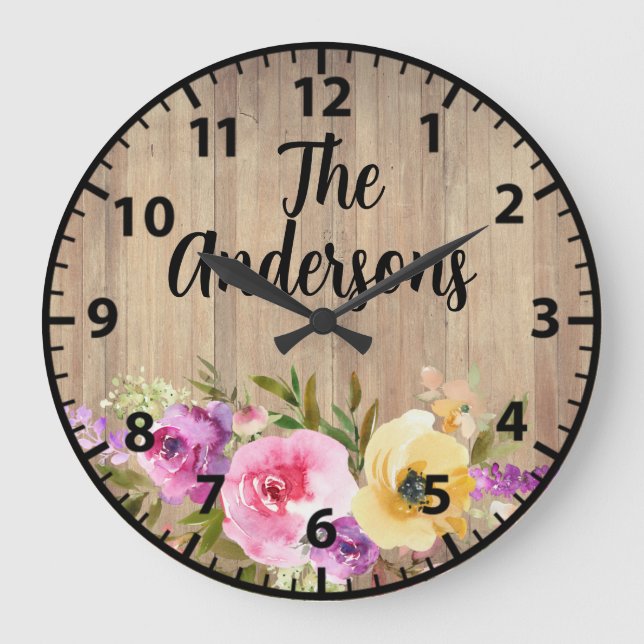 Custom Rustic Wood Pink Purple Yellow Roses  Large Clock (Front)