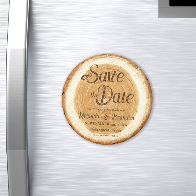 Custom Rustic Wood Slice Wedding Save the Date Magnet (Creator Uploaded)