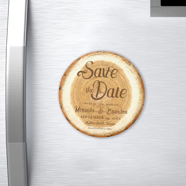 Custom Rustic Wood Slice Wedding Save the Date Magnet | Zazzle