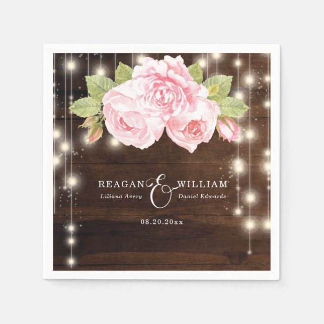 Custom Rustic Wood String Lights Roses Wedding Napkins (Front)