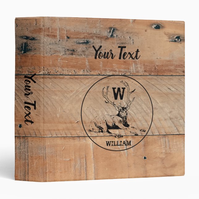 Custom Rustic Wood Texture & Deer Monogram 3 Ring Binder (Front/Spine)