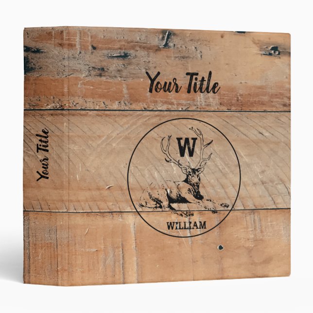 Custom Rustic Wood Texture & Deer Monogram 3 Ring Binder (Front/Spine)