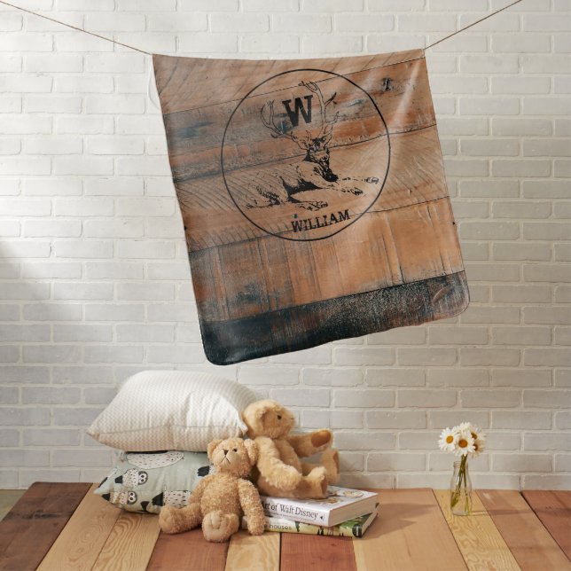 Custom Rustic Wood Texture & Deer Monogram Baby Blanket (In Situ)