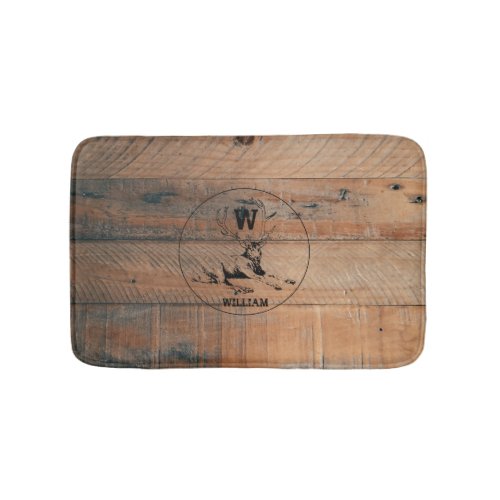 Custom Rustic Wood Texture  Deer Monogram Bath Mat
