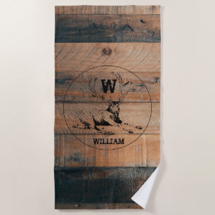 Custom Rustic Wood Texture & Deer Monogram  Beach Towel
