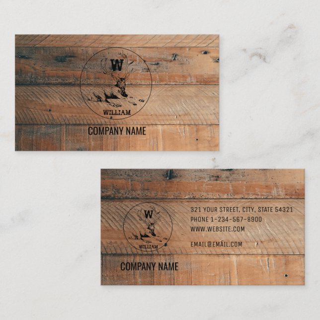 Custom Rustic Wood Texture & Deer Monogram Business Card (Front/Back)