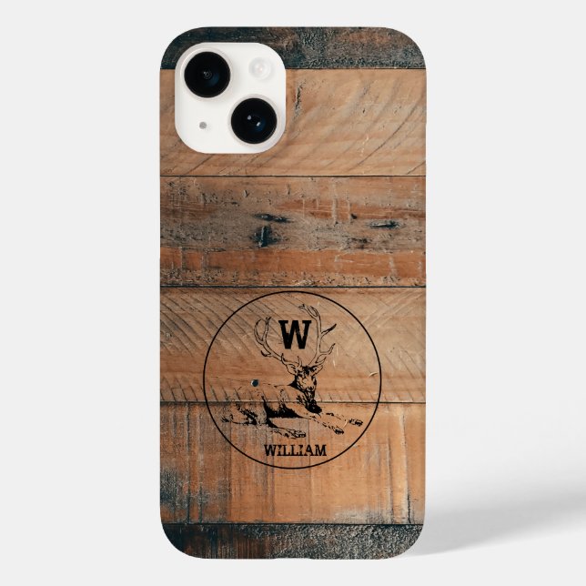 Custom Rustic Wood Texture & Deer Monogram   Case-Mate iPhone Case (Back)