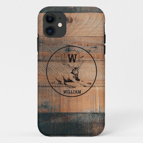 Custom Rustic Wood Texture  Deer Monogram iPhone 11 Case