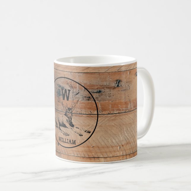 Custom Rustic Wood Texture & Deer Monogram Coffee Mug (Front Right)