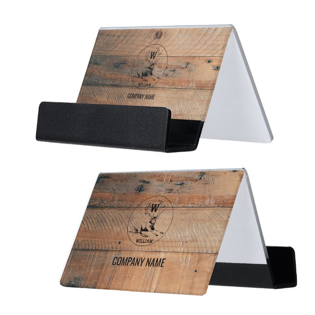 Custom Rustic Wood Texture & Deer Monogram Desk Business Card Holder (Custom Rustic Wood Texture & Deer Monogram Desk Business Card Holder)