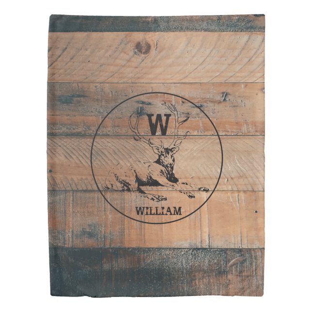 Custom Rustic Wood Texture & Deer Monogram Duvet Cover (Front)