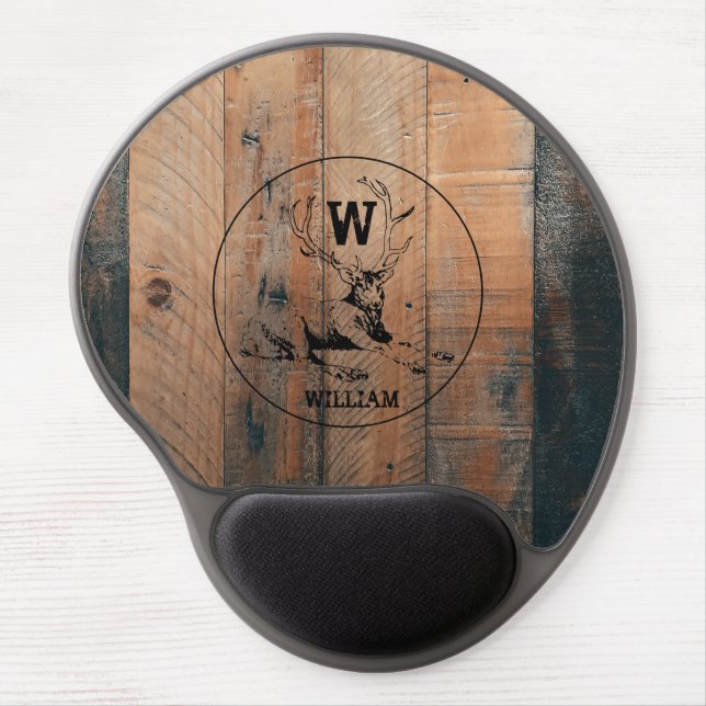 Custom Rustic Wood Texture & Deer Monogram Gel Mouse Pad (Front)
