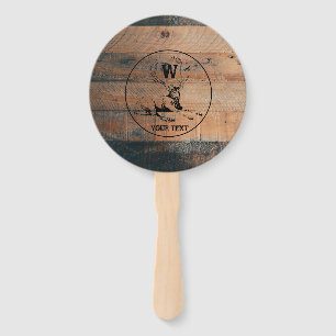 Custom Rustic Wood Texture & Deer Monogram Hand Fan
