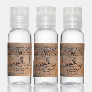 Custom Rustic Wood Texture & Deer Monogram Hand Sanitizer