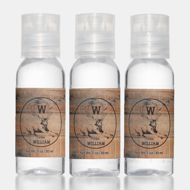 Custom Rustic Wood Texture & Deer Monogram Hand Sanitizer (Set)