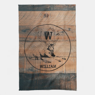Custom Rustic Wood Texture & Deer Monogram Kitchen Towel