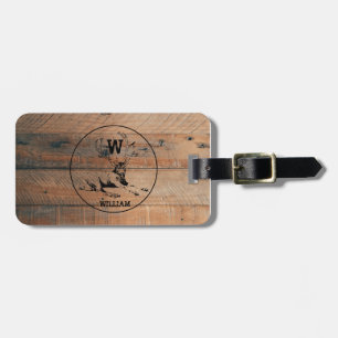 Custom Rustic Wood Texture & Deer Monogram Luggage Tag