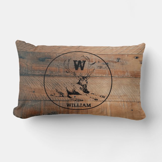 Custom Rustic Wood Texture & Deer Monogram Lumbar Pillow (Front)