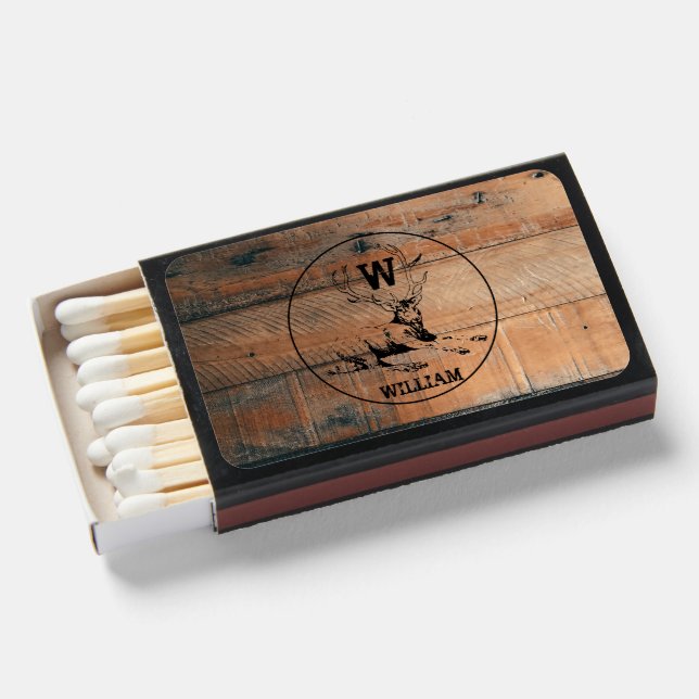Custom Rustic Wood Texture & Deer Monogram Matchboxes (Front Open)