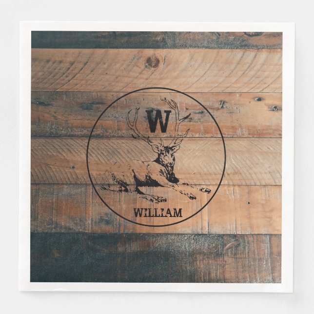 Custom Rustic Wood Texture & Deer Monogram Paper Dinner Napkins (Front)