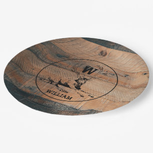 Custom Rustic Wood Texture & Deer Monogram Paper Plates