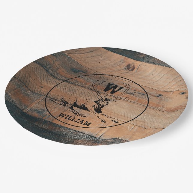 Custom Rustic Wood Texture & Deer Monogram Paper Plates (Angled)