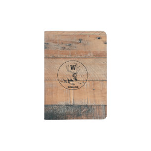 Custom Rustic Wood Texture & Deer Monogram Passport Holder