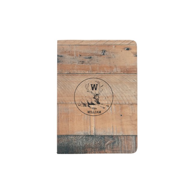 Custom Rustic Wood Texture & Deer Monogram Passport Holder (Front)
