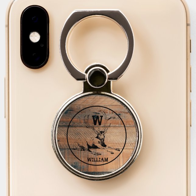 Custom Rustic Wood Texture & Deer Monogram Phone Ring Stand (Close Up)
