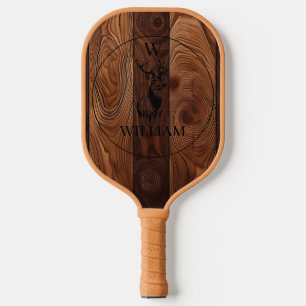 Custom Rustic Wood Texture & Deer Monogram Pickleball Paddle