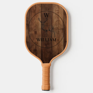 Custom Rustic Wood Texture & Deer Monogram Pickleball Paddle