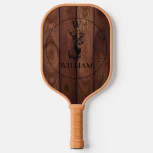 Custom Rustic Wood Texture & Deer Monogram Pickleball Paddle
