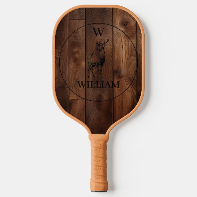 Custom Rustic Wood Texture & Deer Monogram Pickleball Paddle (Front)