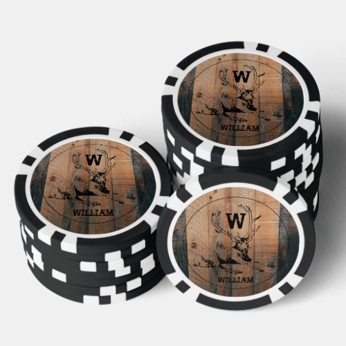 Custom Rustic Wood Texture  Deer Monogram Poker Chips