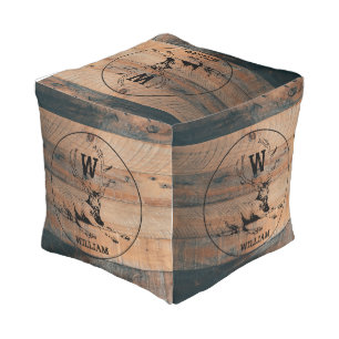 Custom Rustic Wood Texture & Deer Monogram Pouf