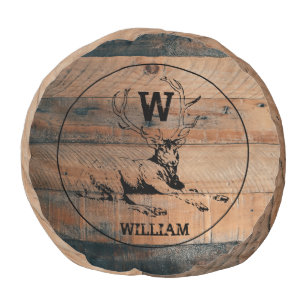 Custom Rustic Wood Texture & Deer Monogram Pouf