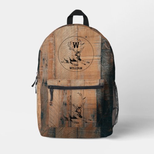 Custom Rustic Wood Texture  Deer Monogram Printed Backpack