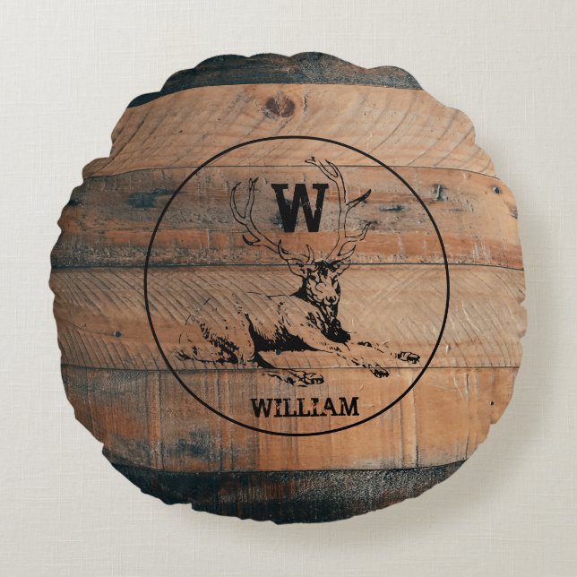 Custom Rustic Wood Texture & Deer Monogram Round Pillow (Front)