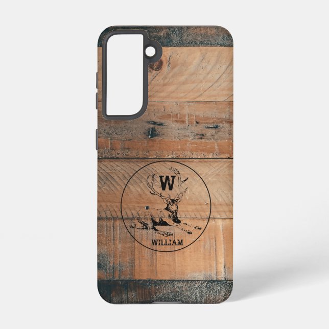 Custom Rustic Wood Texture & Deer Monogram  Samsung Galaxy Case (Back)