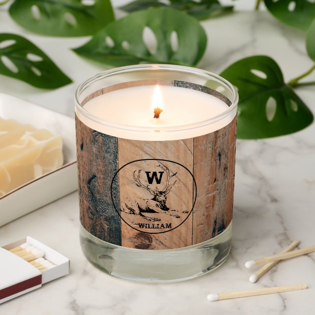 Custom Rustic Wood Texture & Deer Monogram Scented Candle (Lit)