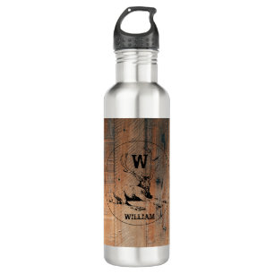 Custom Rustic Wood Texture & Deer Monogram Stainless Steel Water Bottle
