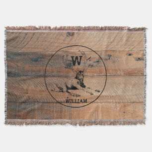Custom Rustic Wood Texture & Deer Monogram Throw Blanket