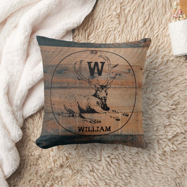 Custom Rustic Wood Texture & Deer Monogram Throw Pillow (Blanket)