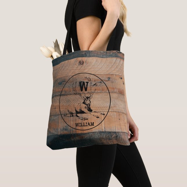 Custom Rustic Wood Texture & Deer Monogram Tote Bag (Close Up)