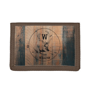 Custom Rustic Wood Texture & Deer Monogram Trifold Wallet