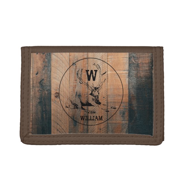 Custom Rustic Wood Texture & Deer Monogram Trifold Wallet (Front)