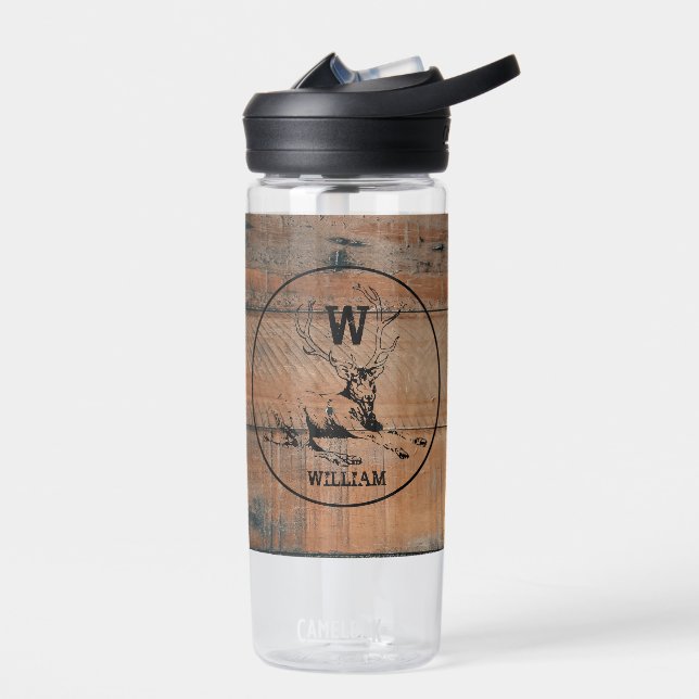 Custom Rustic Wood Texture & Deer Monogram  Water Bottle (Left)