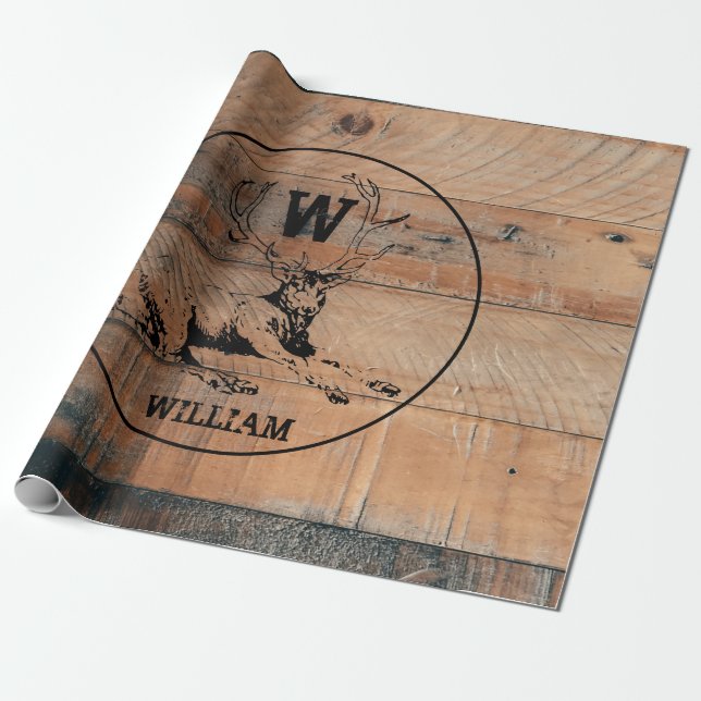 Custom Rustic Wood Texture & Deer Monogram Wrapping Paper (Unrolled)