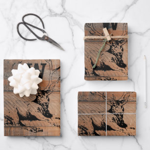Custom Rustic Wood Texture & Deer Monogram Wrapping Paper Sheets